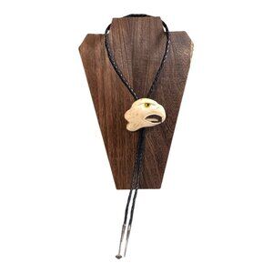 Vtg Stan Hill Jr Iriquois Carved Eagle Head Bolo Tie Signed Black Leather READ